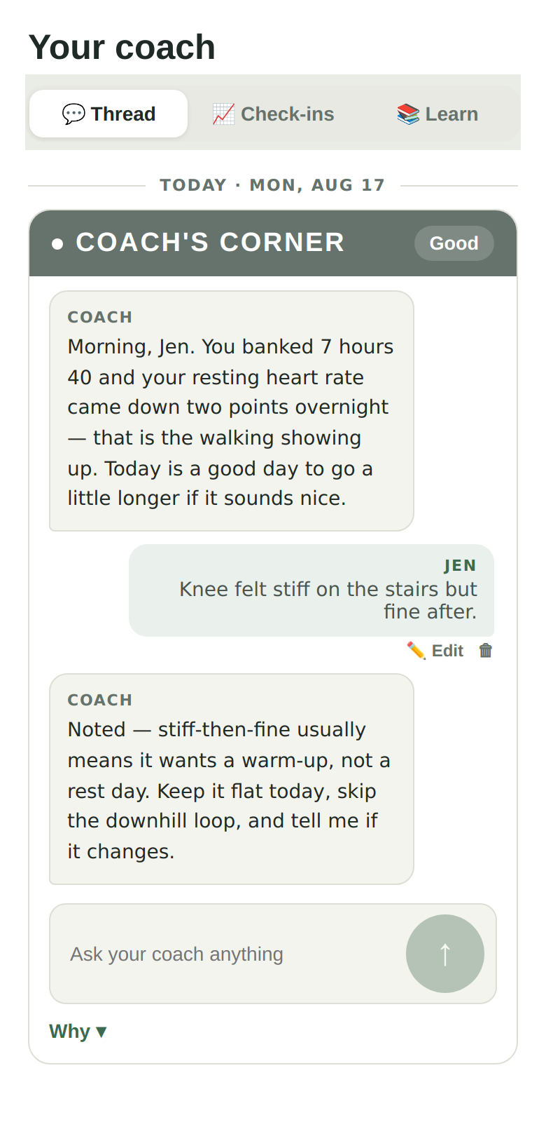 The HealthyLifeOS coach tab: an ongoing conversation in which the coach reads back your sleep and resting heart rate, and adapts the day when you report a stiff knee