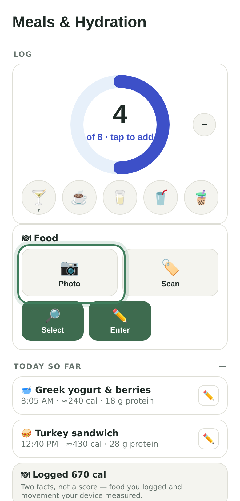 The Meals tab with the food capture options opened, showing the Photo button highlighted alongside Scan, Select and Enter &mdash; tapping Photo opens the camera to log a meal from a picture