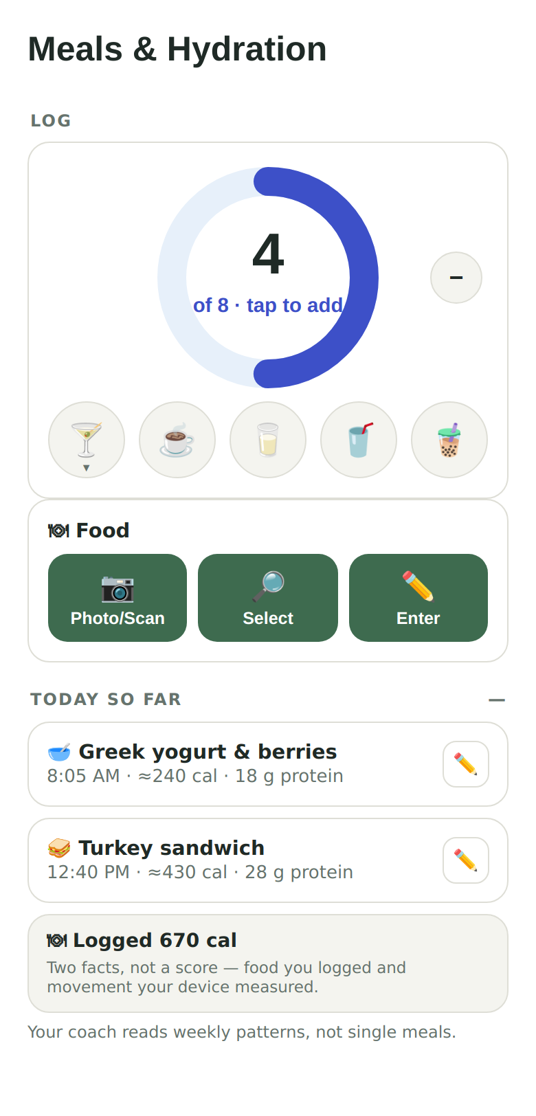 The Meals tab: water ring, drink logging, food capture buttons, and the day's logged meals with calories and protein