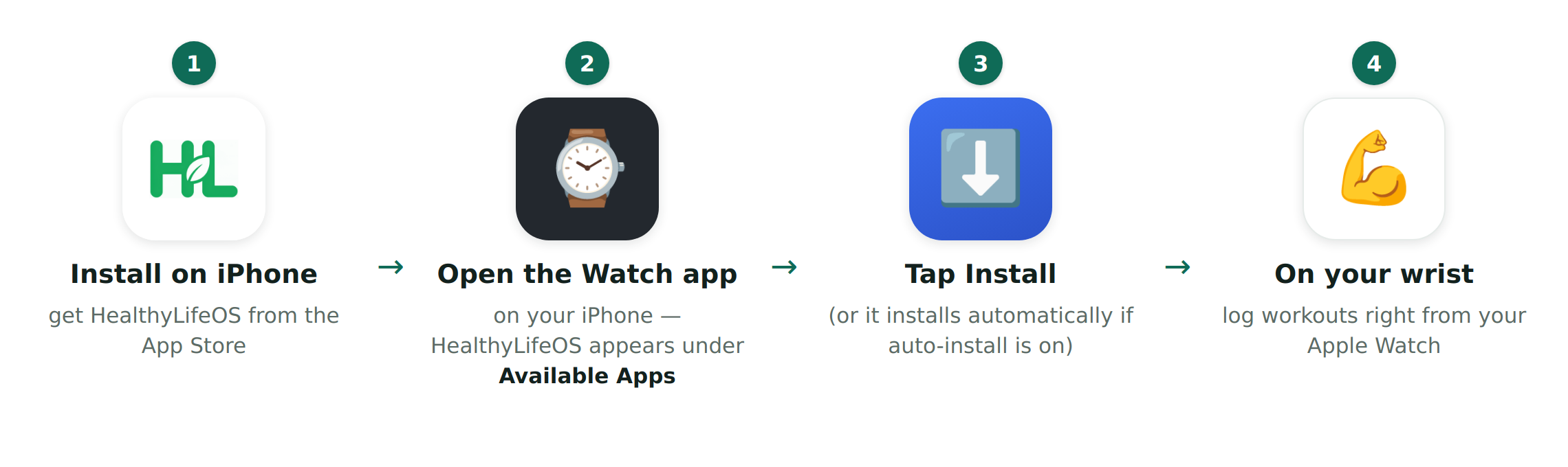 Four steps: install HealthyLifeOS on iPhone, open the Watch app, tap Install under Available Apps, then log workouts from your wrist
