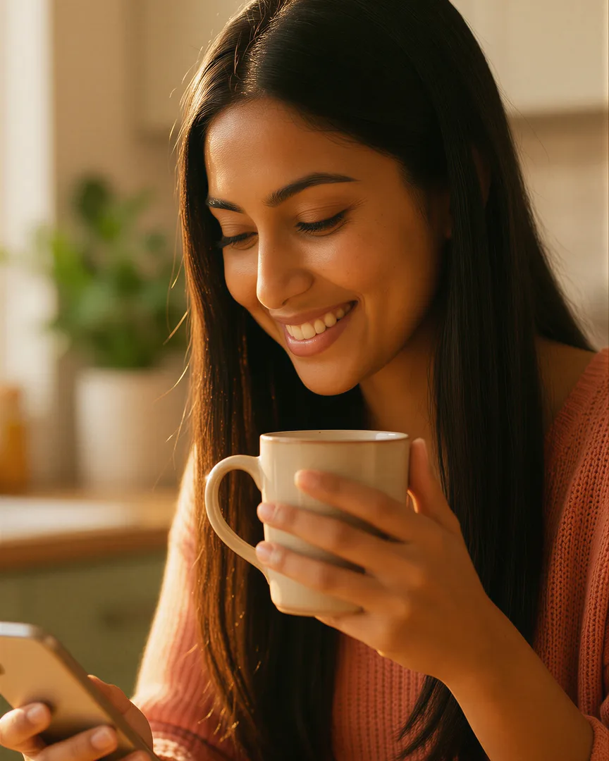 A daughter smiling at a message from her mother