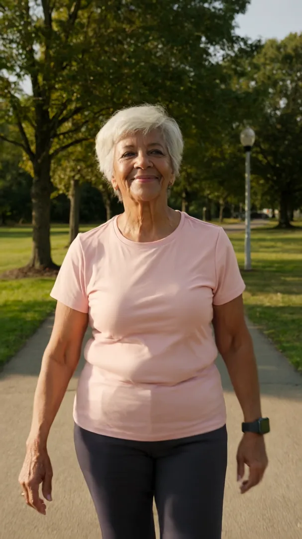 A grandmother on her morning walk in the park