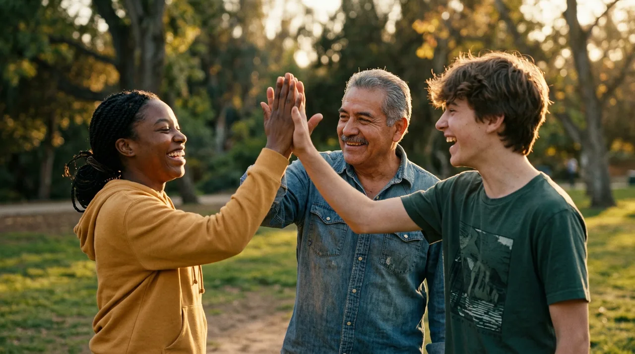 A daughter, her father and her son high-fiving in the park