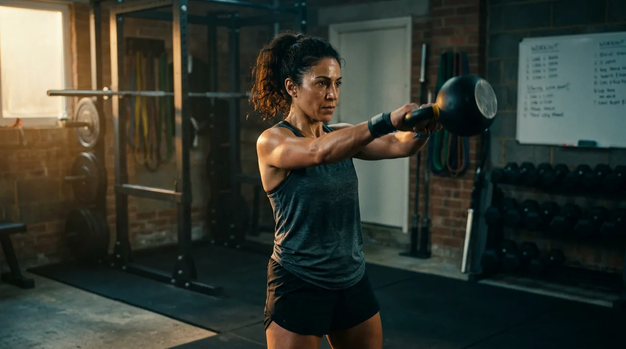 A woman swinging a kettlebell in a home gym
