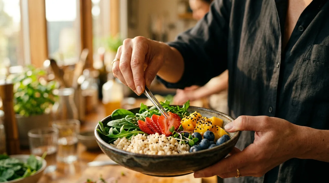 A bowl of greens, rice, strawberries, mango and blueberries