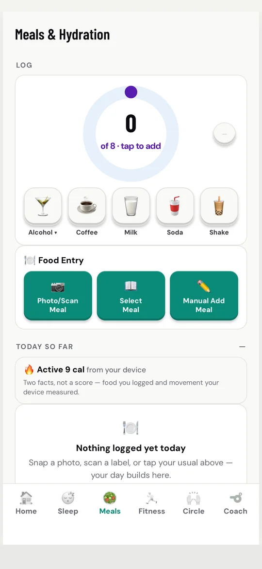 Meals and Hydration screen
