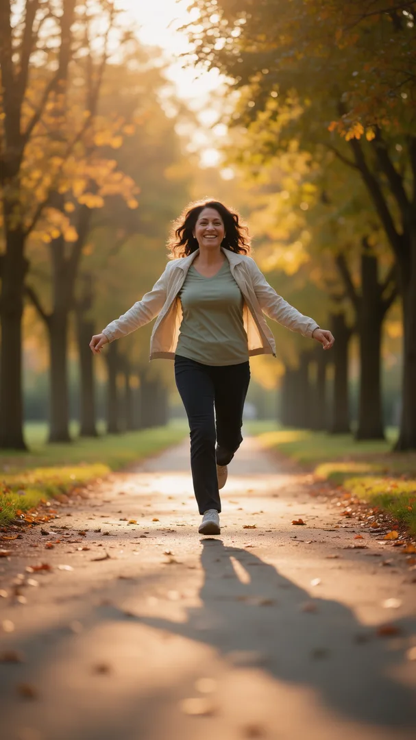 A woman skipping down a tree-lined path in autumn